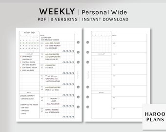 May include: A black and white planner insert with the text "WEEKLY | Personal Wide" and "PDF 2 VERSIONS | INSTANT DOWNLOAD". The planner includes a calendar, checklist, notes section, and a focus section. The Haroo Plans logo is in the bottom right corner.