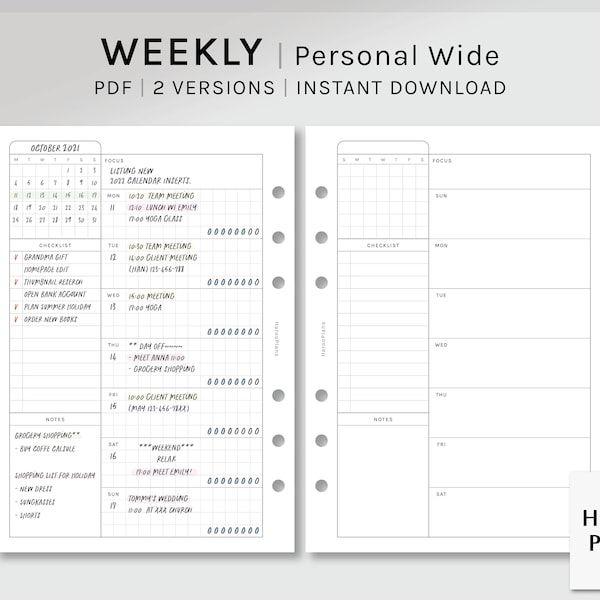 Undatierte Wöchentliche | Personal Wide Printable PlanerEinlagen | WO1P Vorlage PDF | Wochenplan Organizer mit Kalender | Digitaler Download