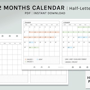 Calendario de 2 meses / Insertos de planificador imprimibles de tamaño media carta / Plantilla de dos meses en 1 página / PDF mensual / Horizontal / Descarga digital