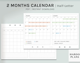 May include: A printable two-month calendar template in half-letter size. The calendar includes January and February with boxes for each day of the month. The calendar has space for notes, events, projects, and goals. The template is designed for use with a planner or journal.