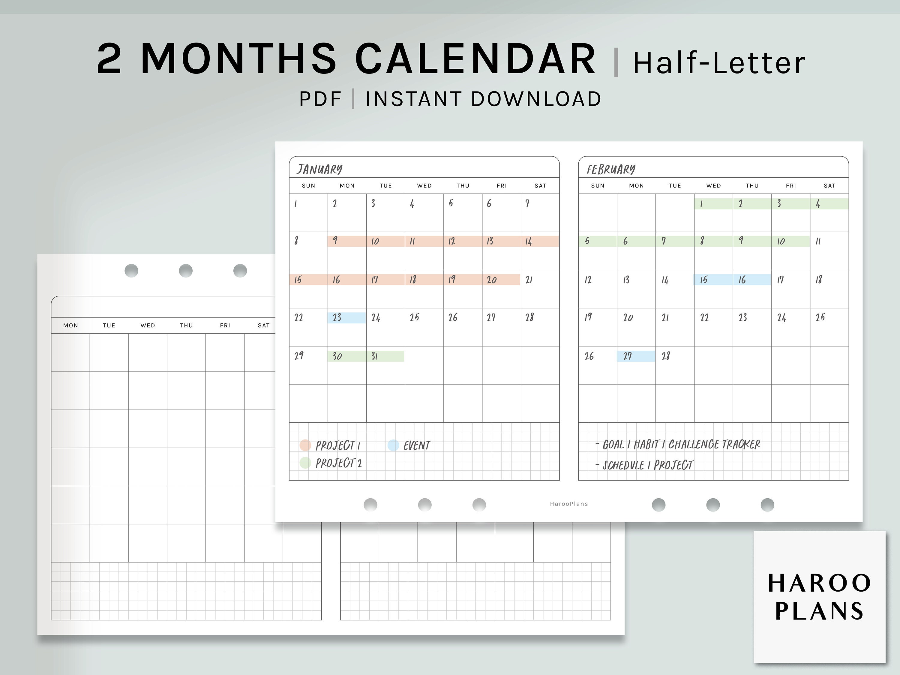 2 Month Calendar Half-letter Size Printable Planner Inserts - Etsy