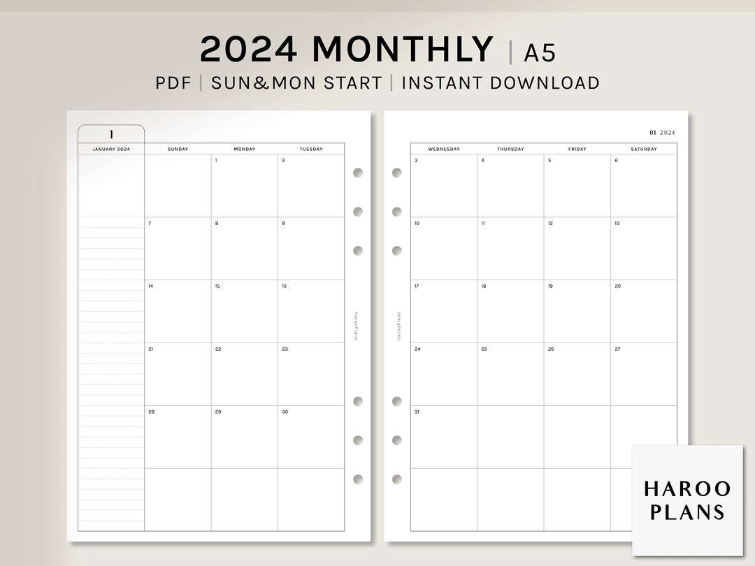 2024 Monthly A5 Printable Planner Inserts MO2P Calendar - Etsy UK