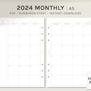 2024 Monthly | A5 Printable Planner Inserts | MO2P Calendar Template | Month Schedule Agenda PDF | Monday Sunday Start | Digital Download