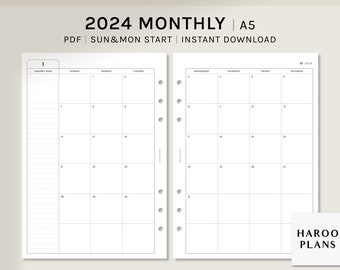 2024 Monthly | A5 Printable Planner Inserts | MO2P Calendar Template | Month Schedule Agenda PDF | Monday Sunday Start | Digital Download