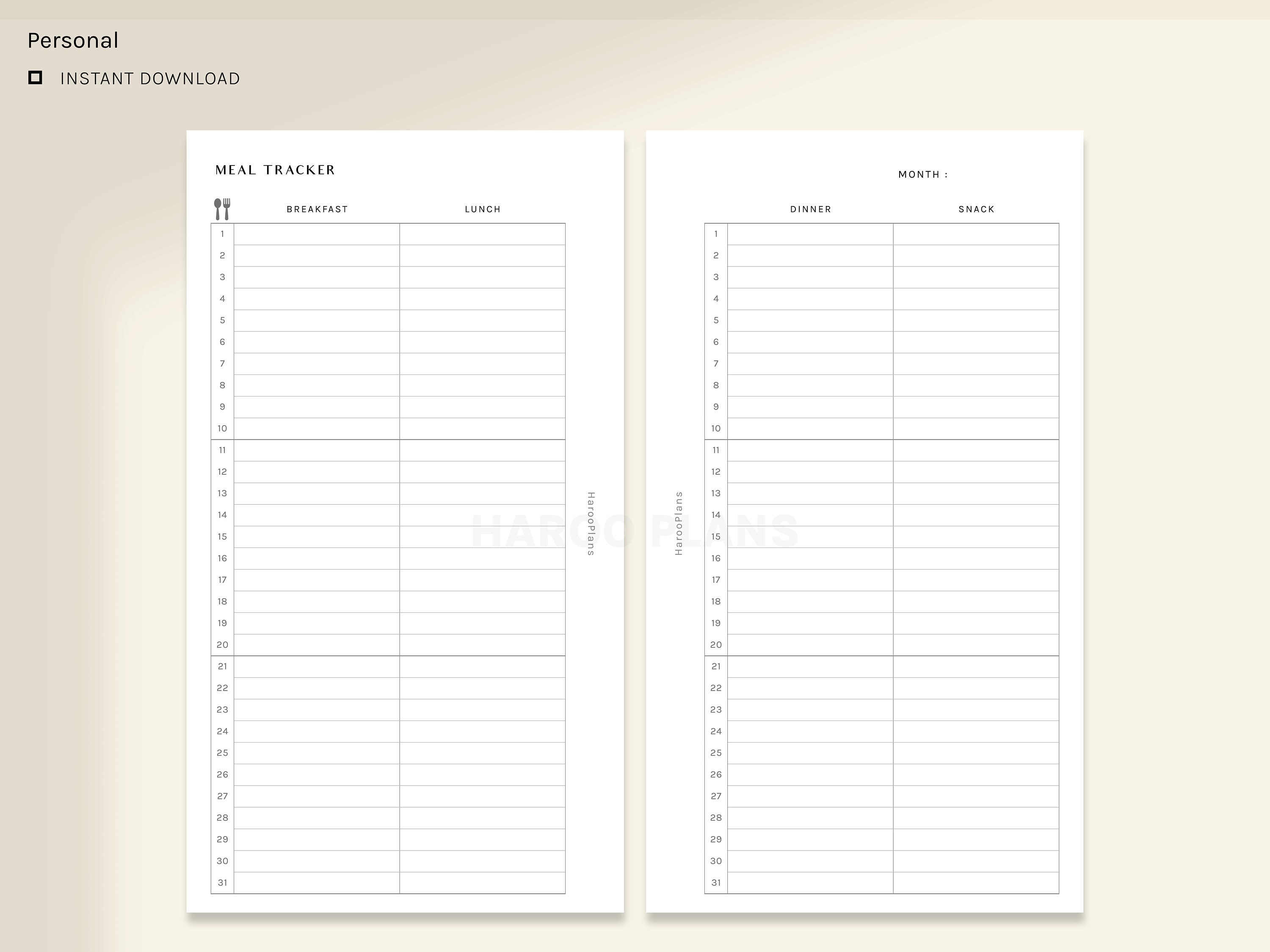 Monthly Meal Tracker | Personal Printable Planner Inserts | MO2P Diet ...