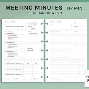 May include: A printable meeting minutes template for HP Mini planners. The template includes sections for date, time, location, title, agenda, discussion, attendees, notes, action steps, person in charge, due date, and next meeting details.