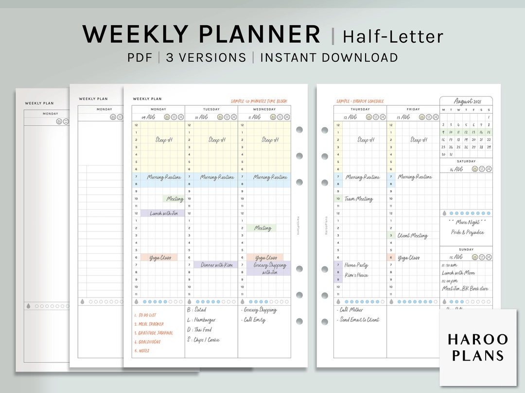 Weekly Planner | Half-letter Printable Planner Inserts | WO2P Layout ...