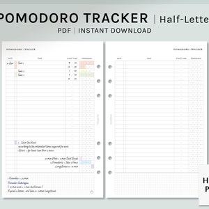 May include: A printable Pomodoro Tracker in half-letter size. The tracker has a grid for recording tasks, start times, and Pomodoro sessions. The page includes instructions for using the Pomodoro Technique.