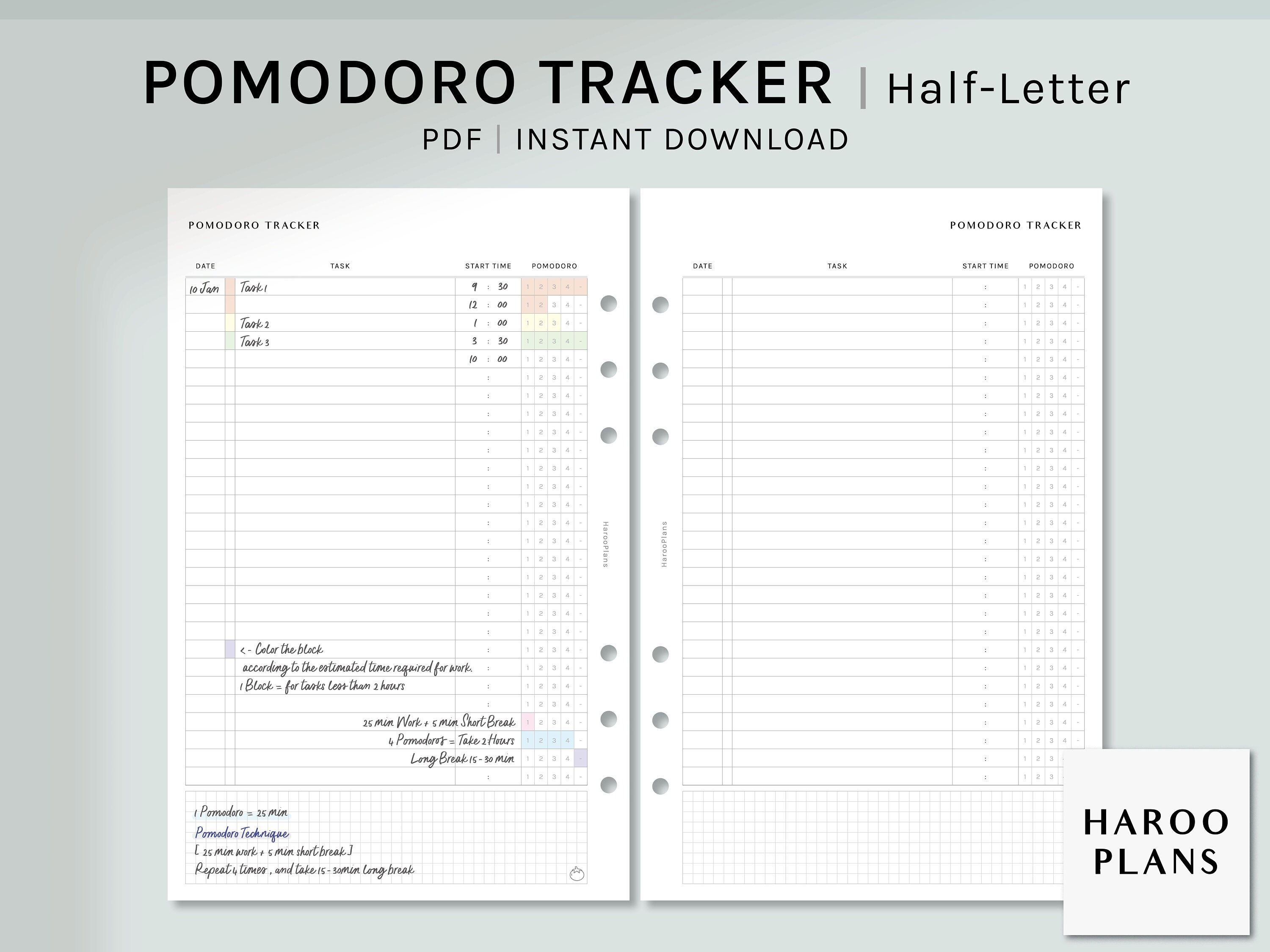 Pomodoro Tracker | Half-letter Printable Planner Inserts | Study Time ...
