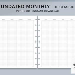 May include: Undated monthly planner in PDF format with a grid layout. The planner is designed for use with a Happy Planner Classic size system. The planner is available for instant download.