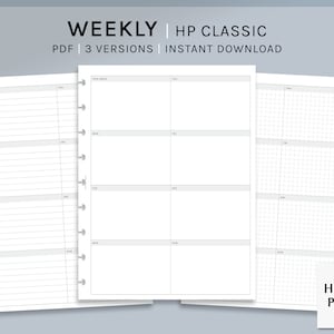 May include: Three printable weekly planner pages in PDF format. The first page has a lined layout, the second page has a blank layout, and the third page has a grid layout. The pages are labeled with the days of the week: Mon, Tue, Wed, Thu, Fri, Sat, Sun. The text "WEEKLY | HP CLASSIC" and "PDF | 3 VERSIONS | INSTANT DOWNLOAD" is at the top of the image. The text "HAROO PLANS" is at the bottom right of the image.