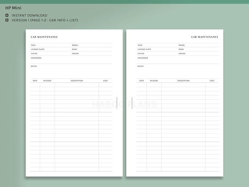 Car Maintenance HP Mini Printable Happy Planner Inserts | Etsy