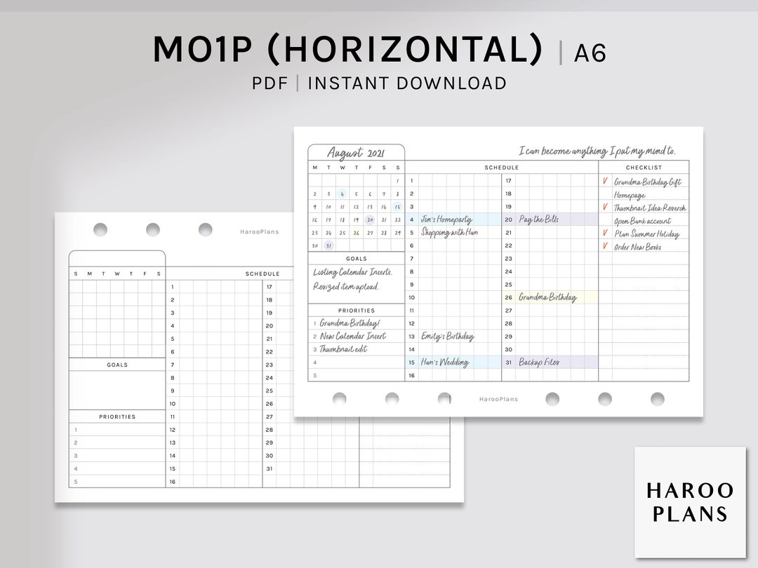 Monthly Planner | A6 Printable Inserts | Undated Monthly Overview ...