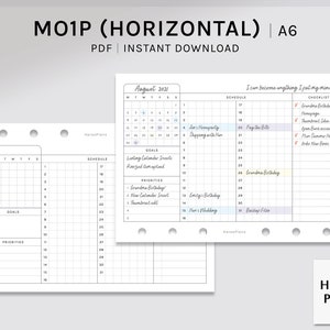 Monthly Planner | A6 Printable Inserts | Undated Monthly Overview Template | Horizontal Layout | MO1P Month on one page | Digital Download