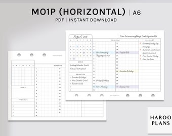 Monthly Planner | A6 Printable Inserts | Undated Monthly Overview Template | Horizontal Layout | MO1P Month on one page | Digital Download