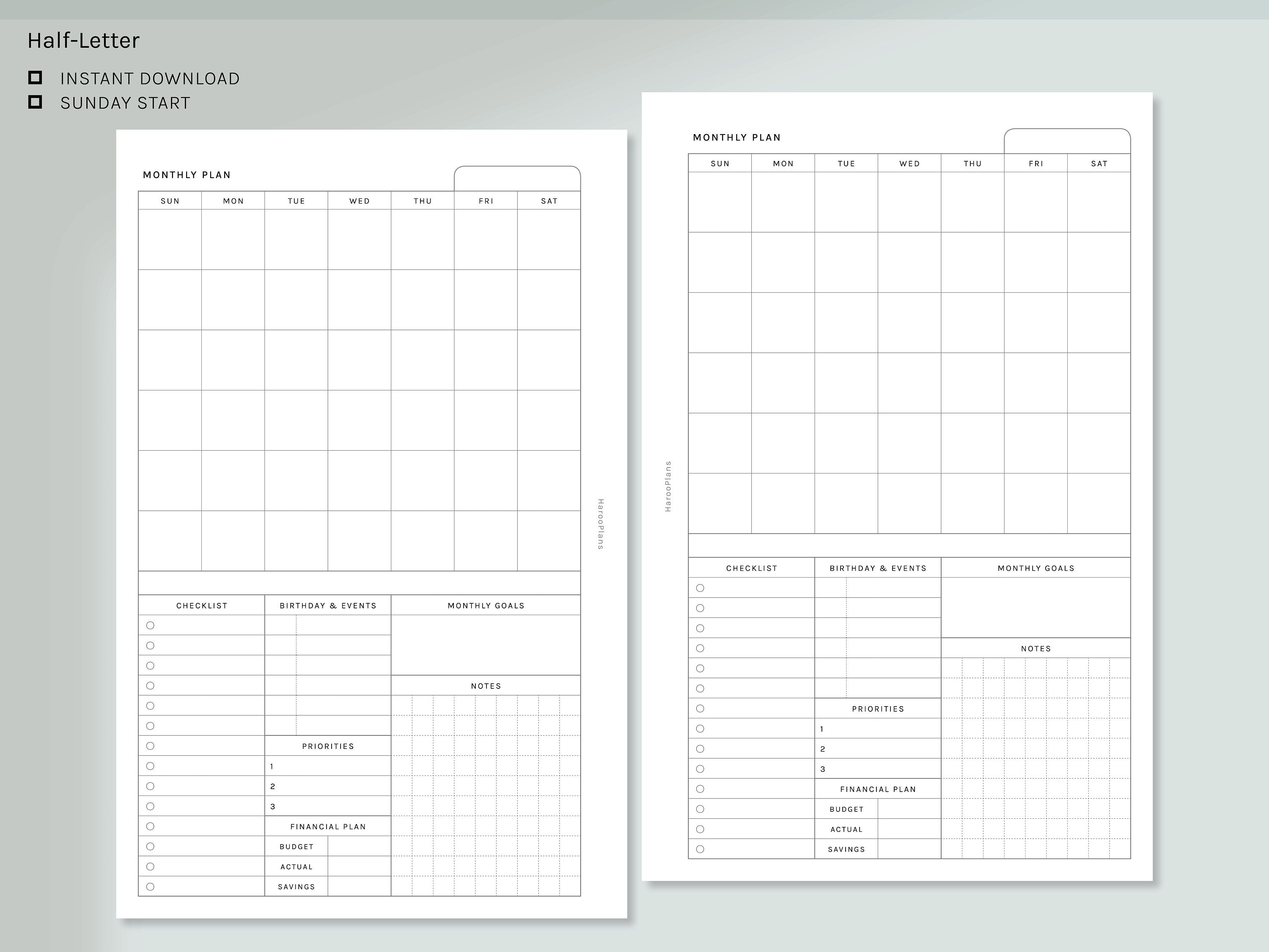 Monthly Overview Half-letter Size Printable Planner Inserts | Etsy