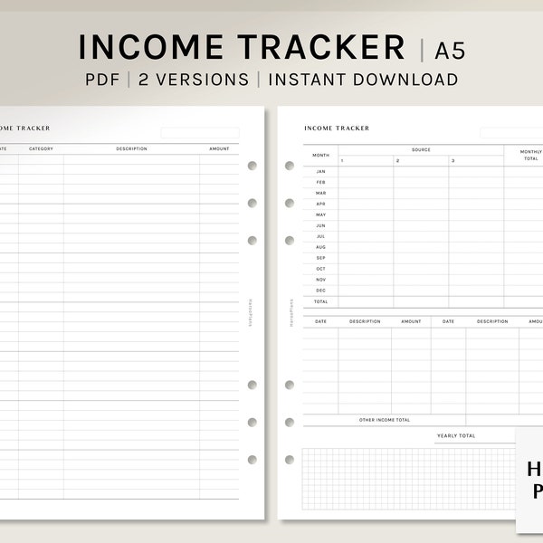 Income Tracker | A5 Printable Planner Inserts | Money Log Template Sheet | Financial Planning | Yearly Income Overview | Digital download