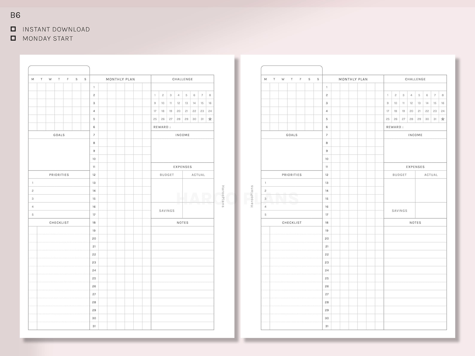 Monthly | B6 Rings Printable Planner Inserts | Month at a Glance ...