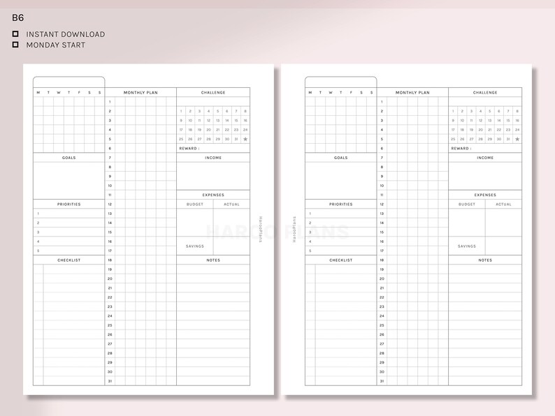 Monthly B6 Rings Printable Planner Inserts Month at a - Etsy