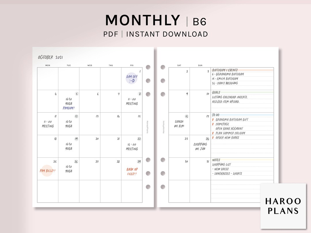 Undated Monthly | B6 Ring Printable Planner Inserts | Simple MO2P ...
