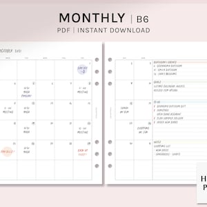 May include: A monthly planner in B6 size with a white background and black grid lines. The planner has a calendar for October 2011 with handwritten notes and to-do lists. The planner also has a section for goals and notes. The planner is labeled "Monthly | B6" and "PDF | Instant Download".
