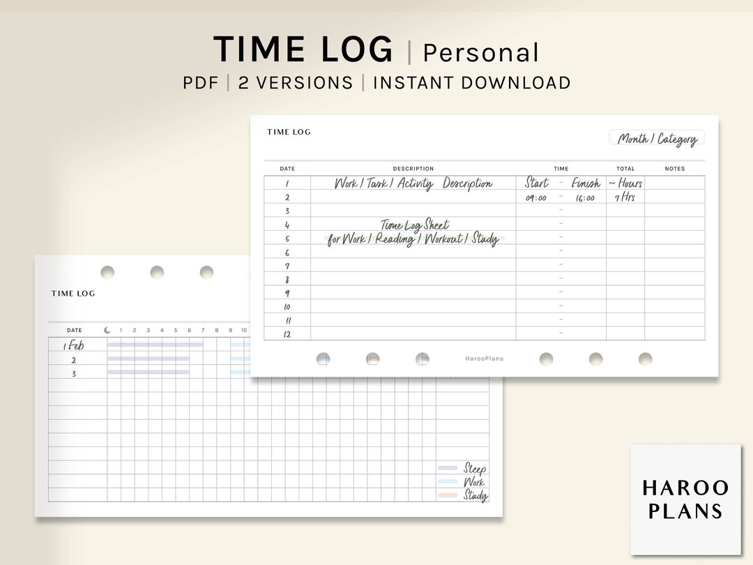 Time Log | Personal Size Printable Planner Inserts | Work Activity ...