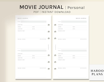 映画ジャーナル | 個人サイズの印刷可能なプランナー挿入物 | 映画トラッカー テンプレート PDF | シンプルな映画ログ レイアウト ワークシート | デジタル ダウンロード