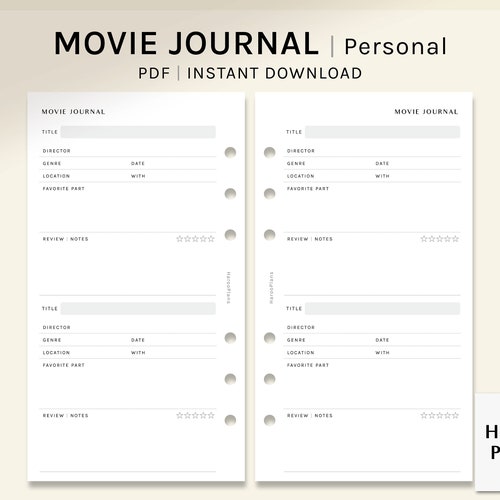 Movie Journal Printable Inserts A5 Film Journal Template Etsy