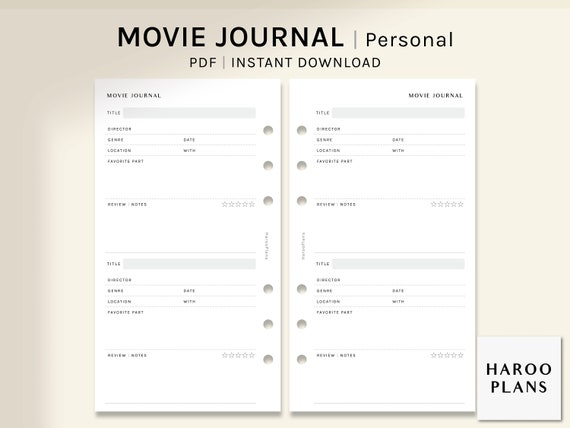 Movie Journal A6 Rings Printable Planner Inserts Film Log 