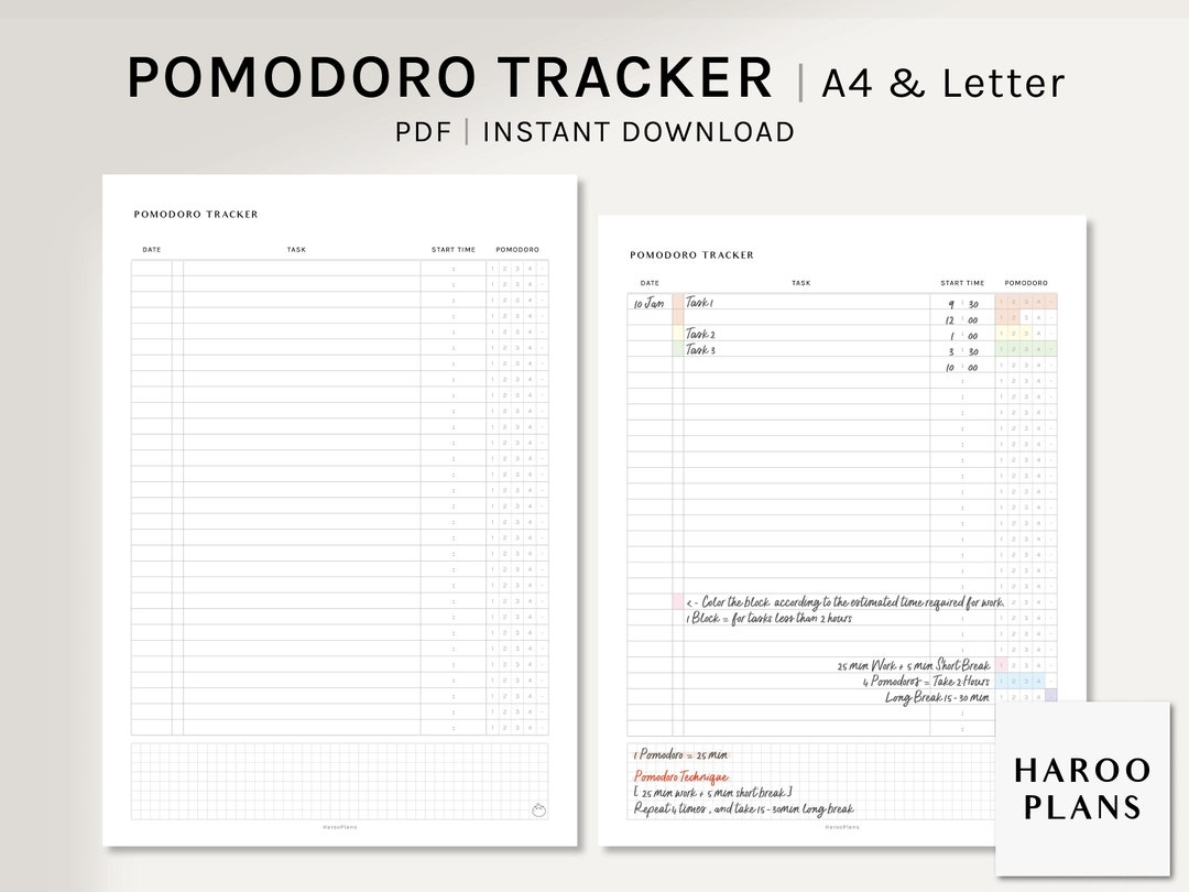 Pomodoro Tracker | A4, US Letter Printable Planner Inserts | Time ...