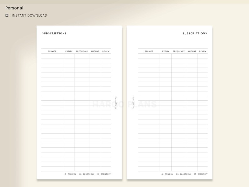 May include: A printable subscription tracker with two pages. Each page has columns for service, expiry, frequency, amount, and renew. The bottom of each page has a row with the letters A, Q, and M, and the words Annual, Quarterly, and Monthly.
