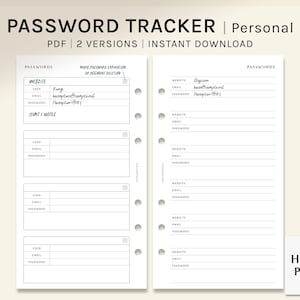 Può includere: Un tracker di password stampabile con due versioni, una versione personale e una versione aziendale. Il tracker ha una sezione per il sito web, l'utente, l'e-mail e la password. Ha anche una sezione per le note. Il tracker è progettato per essere utilizzato con un planner personale.