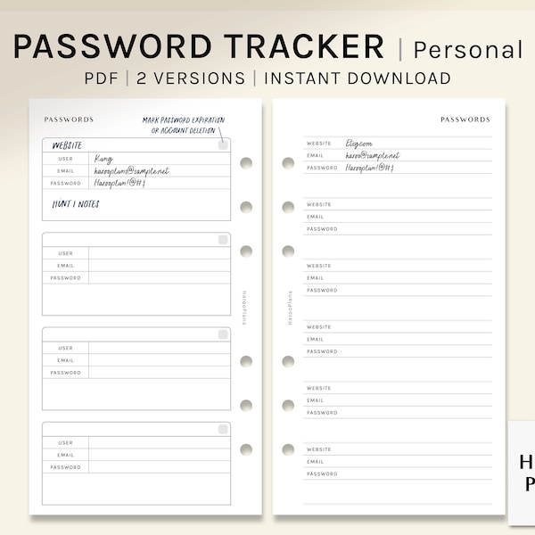 Password Tracker | Personal Printable Planner Inserts | Password Keeper Log Template Sheet | Website Login Organizer PDF | Digital Download
