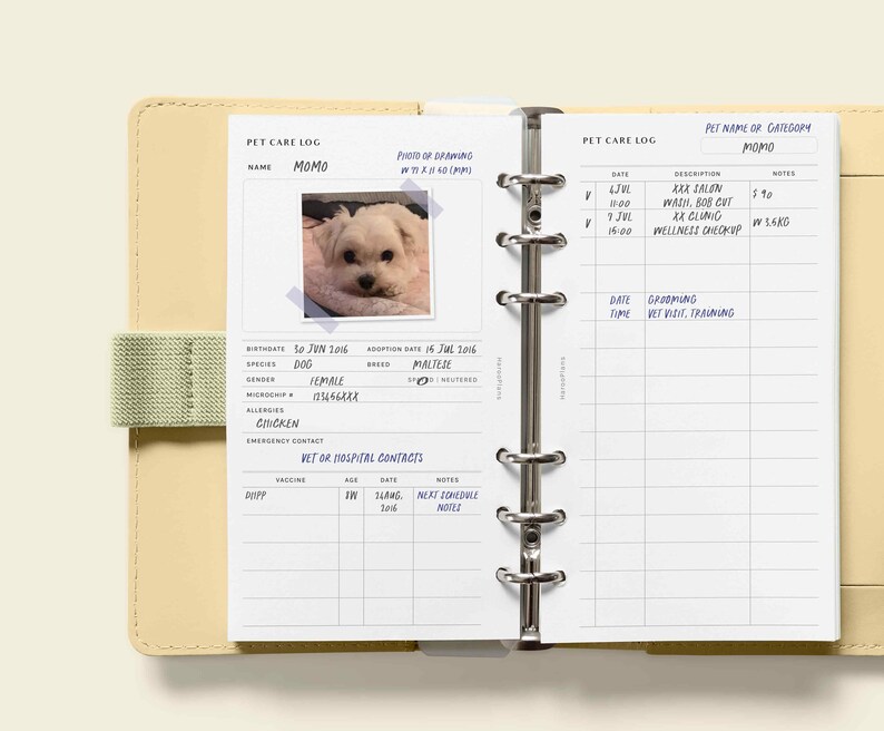 Pet Care Log | Personal size Printable Planner Inserts | Animal Profile Health Information Template | Vaccination Tracker | Digital Download image 5
