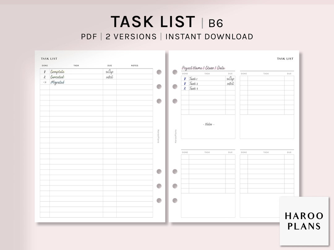 Task List | B6 Ring Printable Planner Inserts | to Do List Template ...