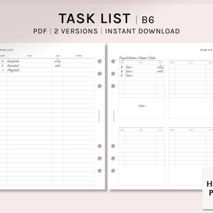 Puede incluir: Un planificador de lista de tareas imprimible en formato PDF con dos versiones. El planificador tiene una sección para el nombre del proyecto, la clase y la fecha, y una sección para las tareas, la fecha de vencimiento y las notas. El planificador también tiene una sección para las tareas, la fecha de vencimiento y las notas. El planificador está diseñado para su uso con un planificador de tamaño B6.