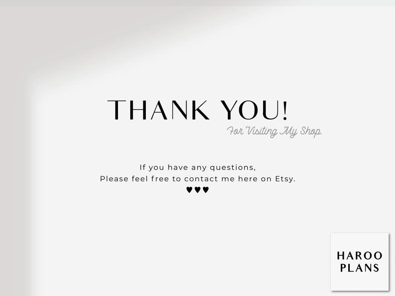 Puede incluir: &iexcl;Gracias por visitar mi tienda! Si tienes alguna pregunta, no dudes en contactarme aqu&iacute; en Etsy. HAROO PLANS