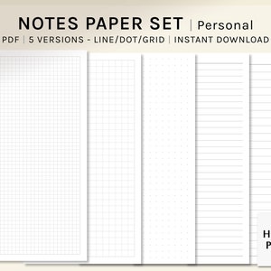 Classic Notes Papier Set druckbare | Persönliche | Planereinlagen | Studiennotizen Vorlage | Blanko Notizblock | Gitter, Punkt, gefütterte Seiten