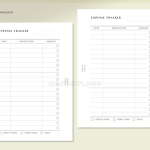 May include: A printable expense tracker with two pages. The left page has a section for date, description, amount, and payment method. The right page has the same sections but is longer. Both pages have the text "Haroo Plans" at the bottom.