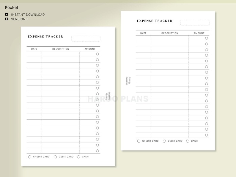 May include: A printable expense tracker with two pages. The left page has a section for date, description, amount, and payment method. The right page has the same sections but is longer. Both pages have the text "Haroo Plans" at the bottom.