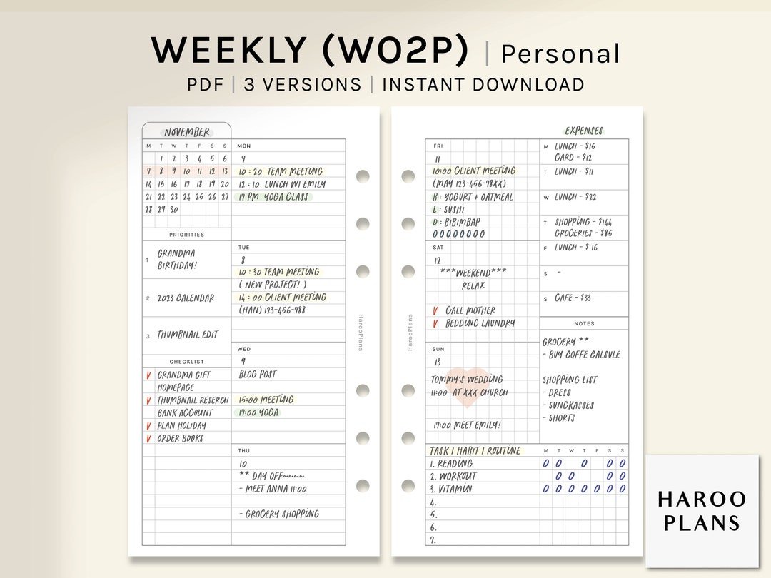 Undated Weekly | Personal Rings Printable Planner Inserts | WO2P ...
