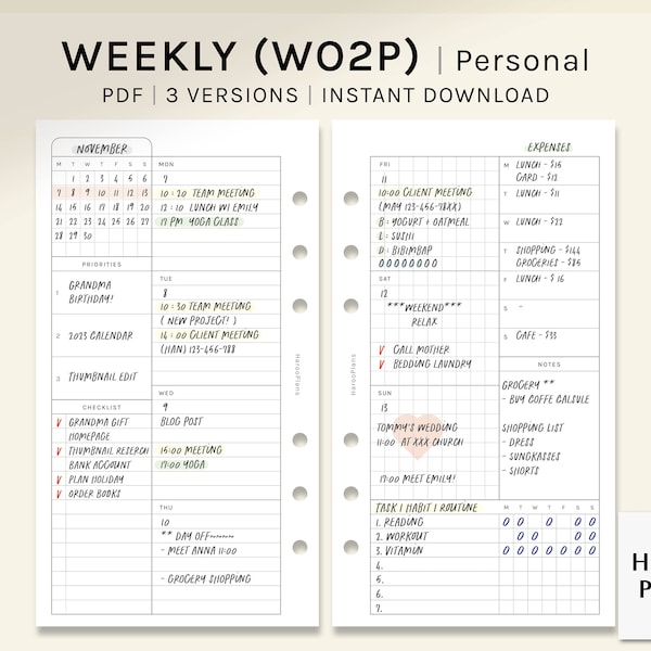 Undated Weekly | Personal Rings Printable Planner Inserts | WO2P Schedule Template | with Calendar | Week at a glance PDF | Digital Download