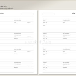 May include: A printable home inventory checklist with sections for location, brand, model number, serial number, date purchased, purchased from, price, warranty, and notes. The checklist is designed for organizing and tracking household items.