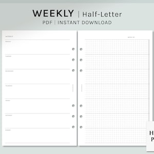 Undated Weekly | Half-Letter Printable Planner Inserts |  Weekly with Grid Notes | Simple Week at a glance Template PDF | Digital Download