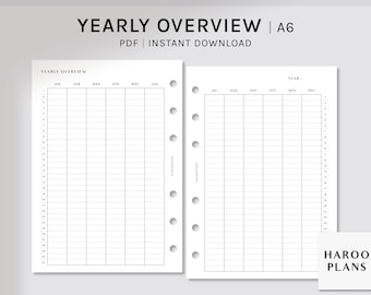 May include: A printable A6 size yearly overview planner with a grid layout for each month. The planner is divided into two pages, one for January through June and the other for July through December. The planner is designed for use with a ring binder.
