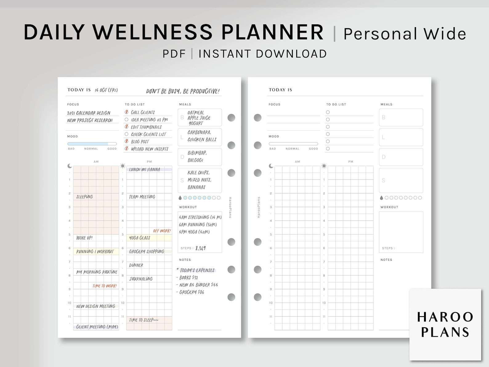 Daily Wellness Planner | Personal Wide Printable Inserts | Day Schedule ...