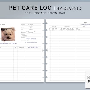 May include: A printable pet care log in PDF format for use with a Happy Planner Classic. The log includes sections for pet information, vaccination records, vet appointments, and notes. A photo of a white dog is included in the sample log.