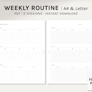 Op de afbeelding: Printbare wekelijkse routineplanner in A4- en Letterformaat. De planner heeft een rasterindeling voor elke dag van de week, met secties voor ochtend, middag en avond. De planner is ontworpen om u te helpen georganiseerd te blijven en uw dagelijkse taken bij te houden.