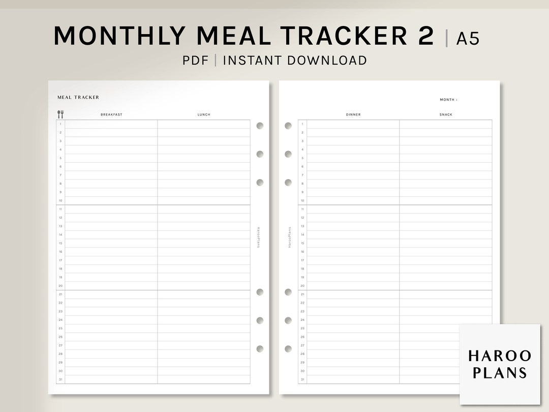 Monthly Meal Tracker | A5 Printable Planner Inserts | MO2P Monthly Diet ...