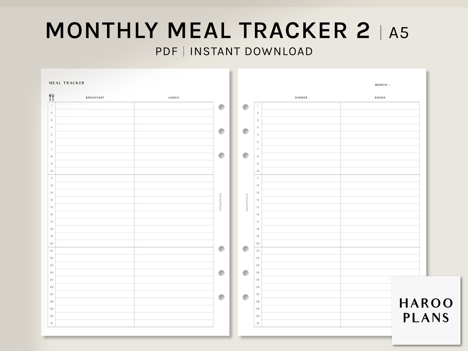 Monthly Meal Tracker | A5 Printable Planner Inserts | MO2P Monthly Diet ...